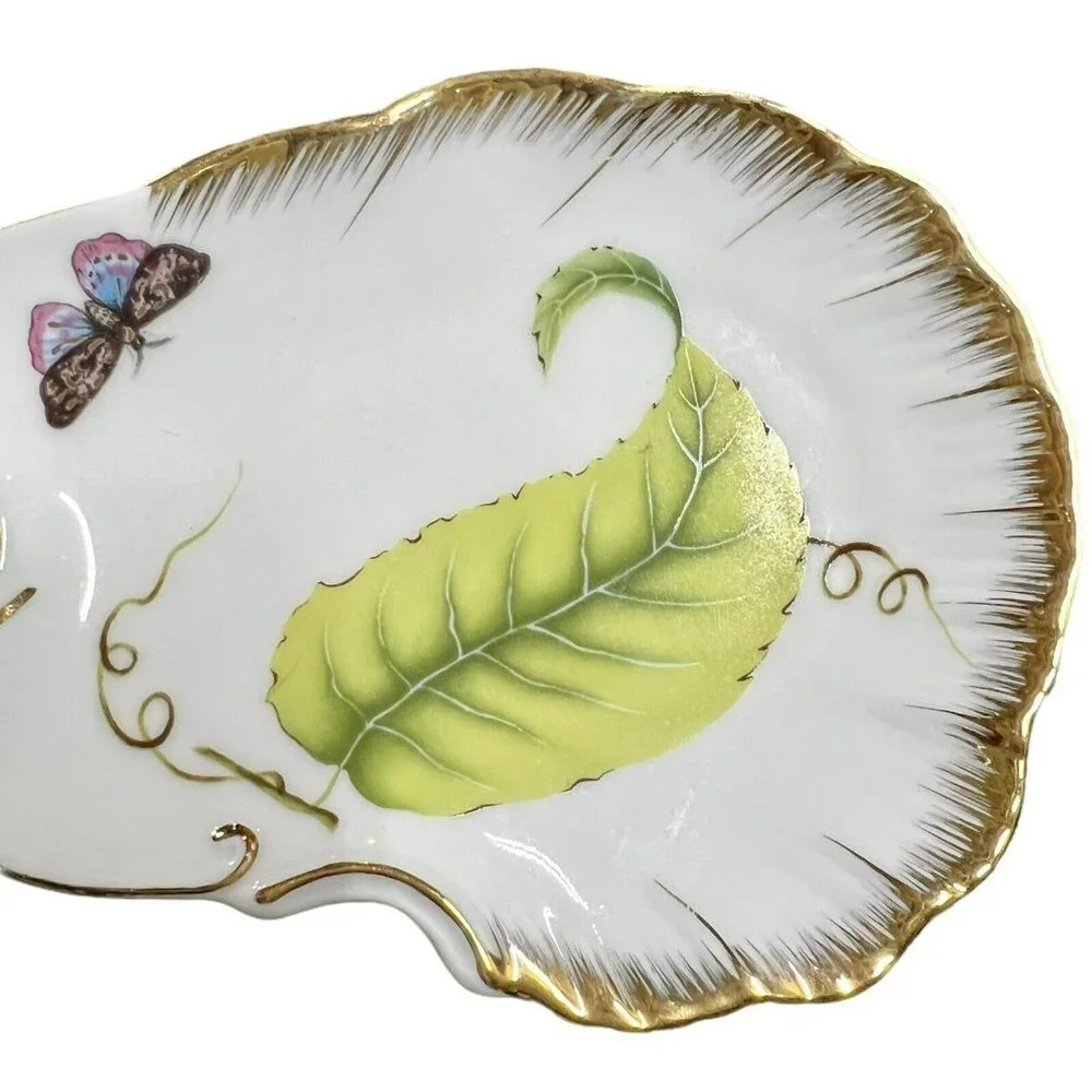 Godinger Tivoli Butterfly Trinket Dish Gold Trim Porcelain Leaves Lemon Wedge‎